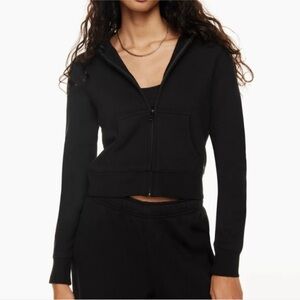 Aritzia TNA Cozy Fleece Black Shrunken Zip-Up Hooded Sweatshirt Hoodie
